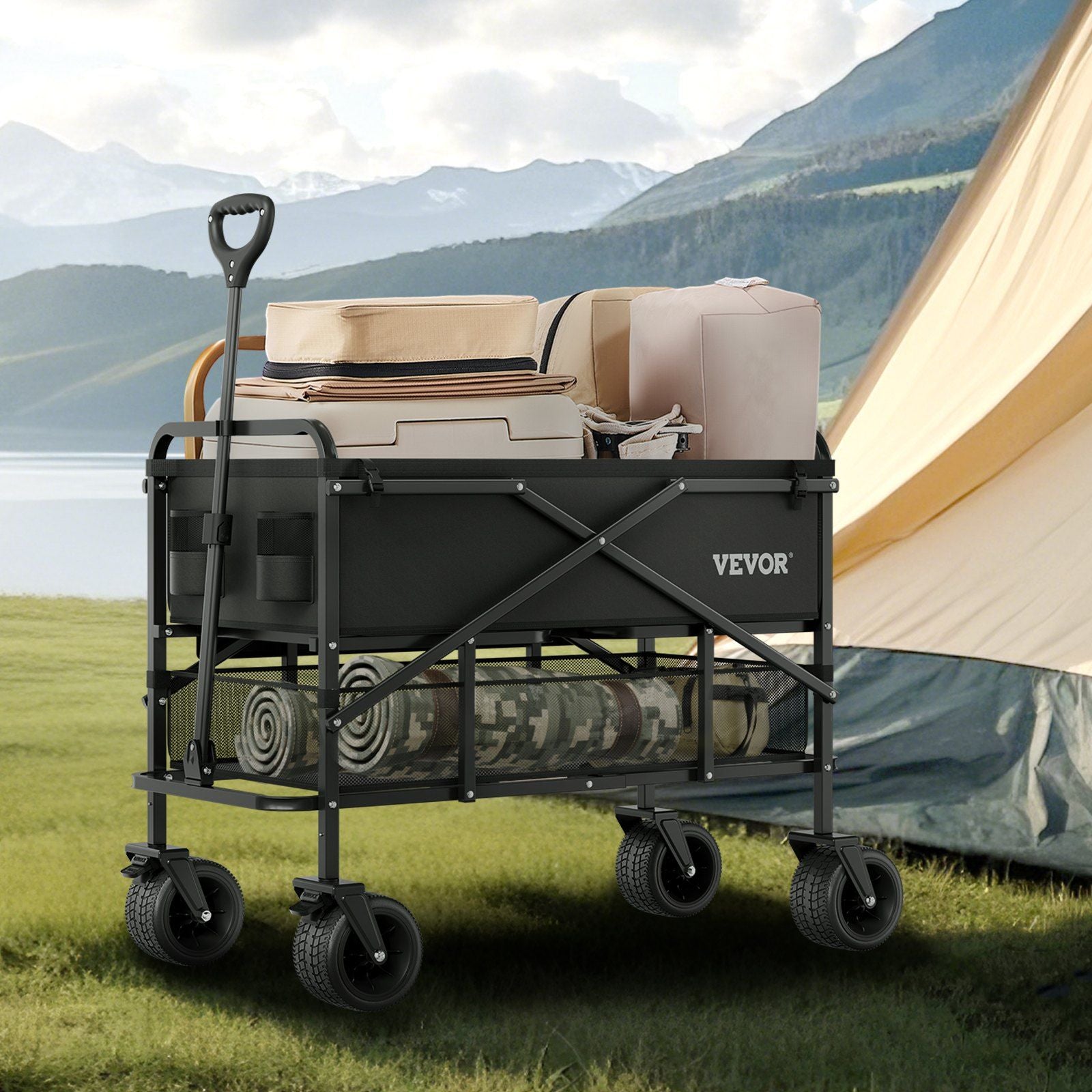 Double Decker Wagon Collapsible, 400L Heavy Duty Folding Wagon Cart, Extended Long Garden Cart with All-Terrain Wheels, Support Up to 450lbs, Outdoor Utility Wagon for Camping, Sports, Shopping