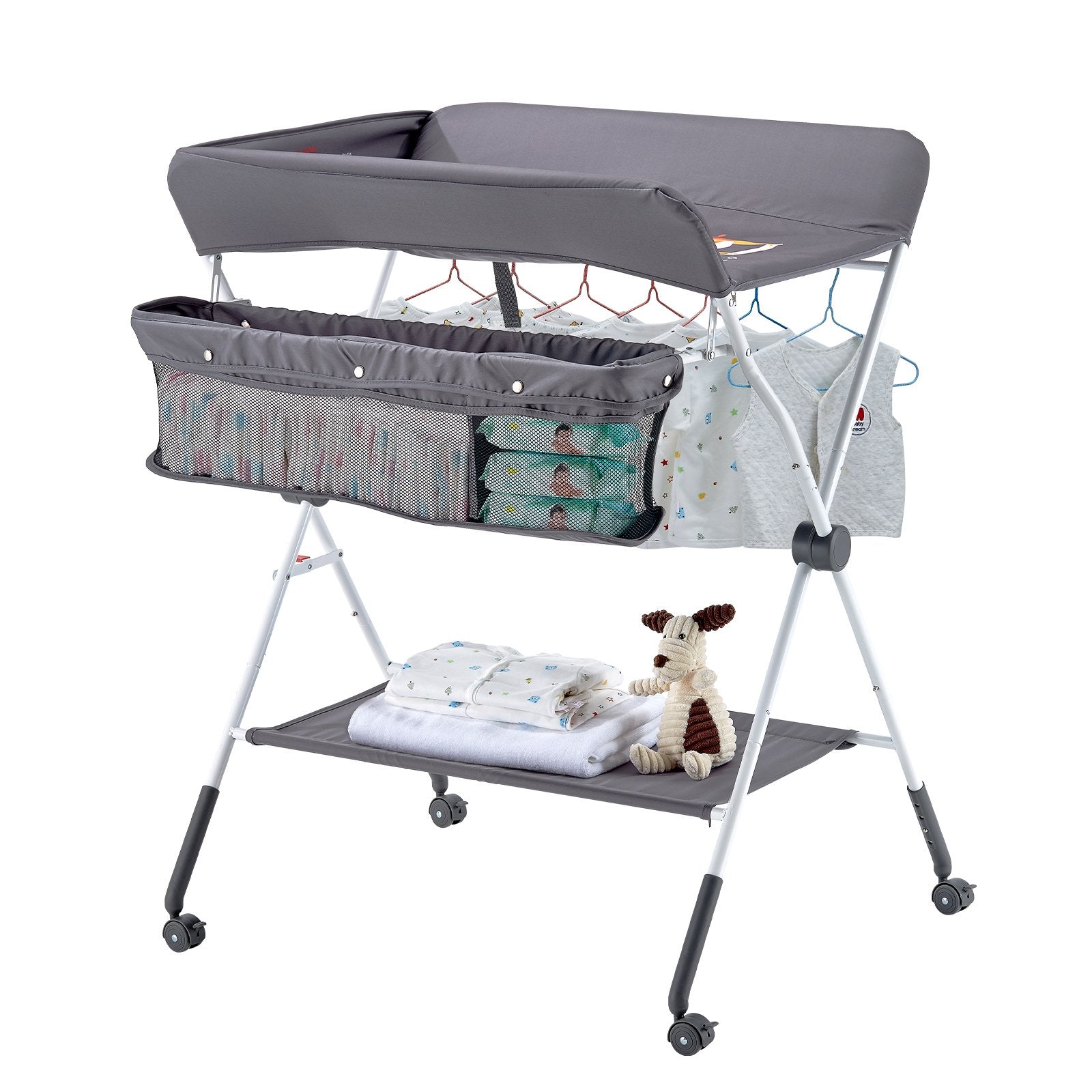 Baby Changing Table, Foldable Diaper Change Station with Side Basket, Adjustable Height Portable Changing Table with Lockable Wheels, Multi-Functional Storage Organizer Nursery, Dark Gray