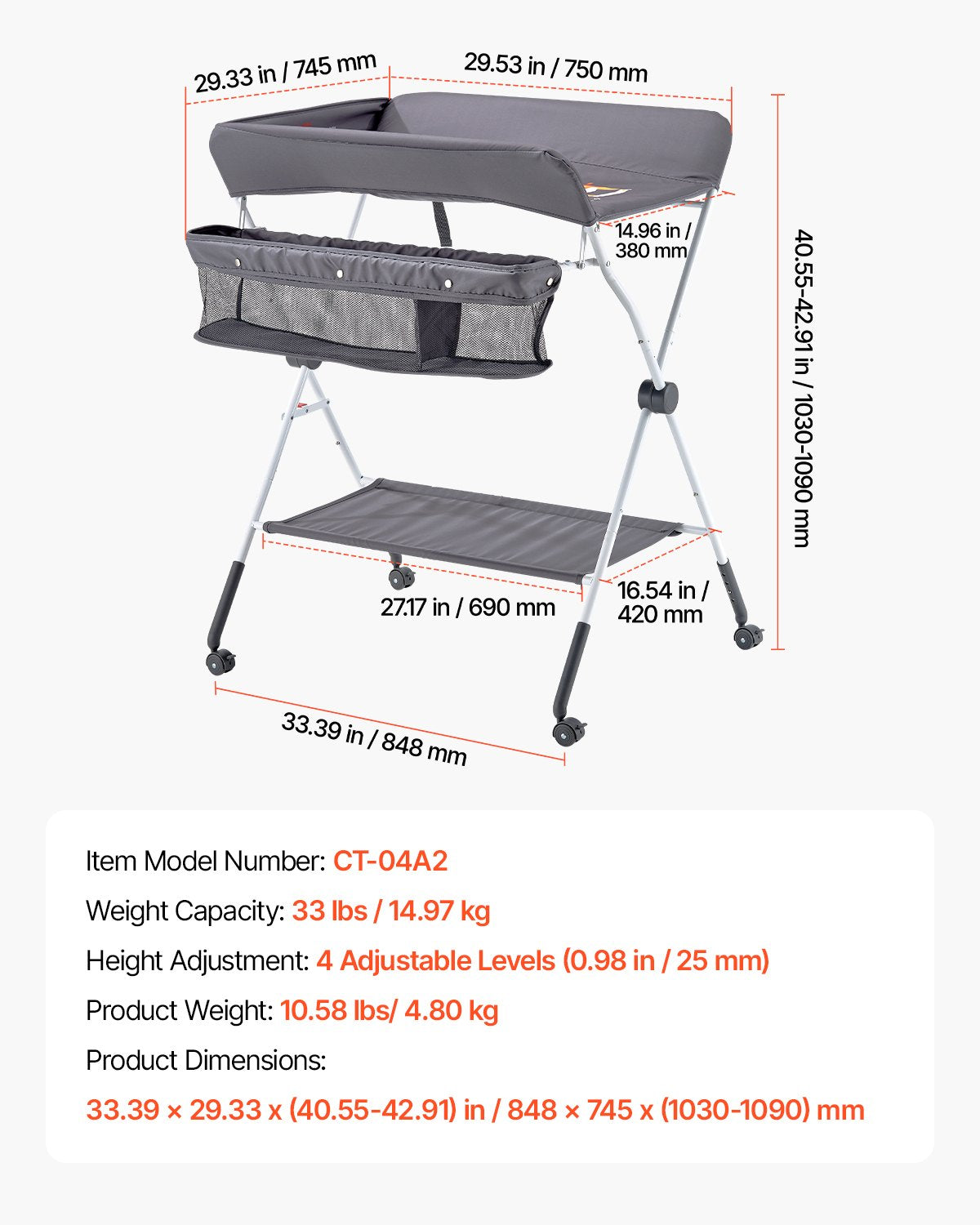 Baby Changing Table, Foldable Diaper Change Station with Side Basket, Adjustable Height Portable Changing Table with Lockable Wheels, Multi-Functional Storage Organizer Nursery, Dark Gray