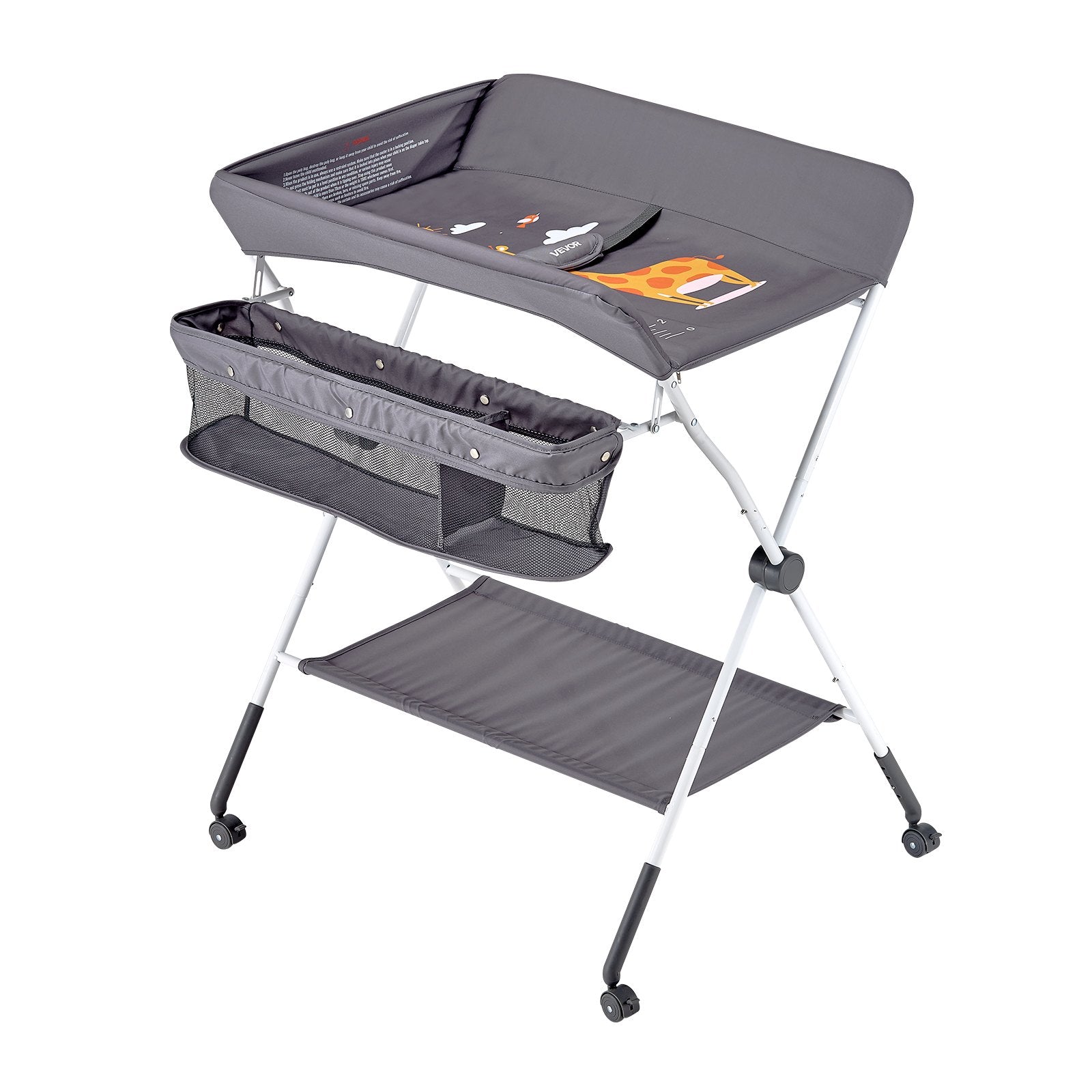 Baby Changing Table, Foldable Diaper Change Station with Side Basket, Adjustable Height Portable Changing Table with Lockable Wheels, Multi-Functional Storage Organizer Nursery, Dark Gray