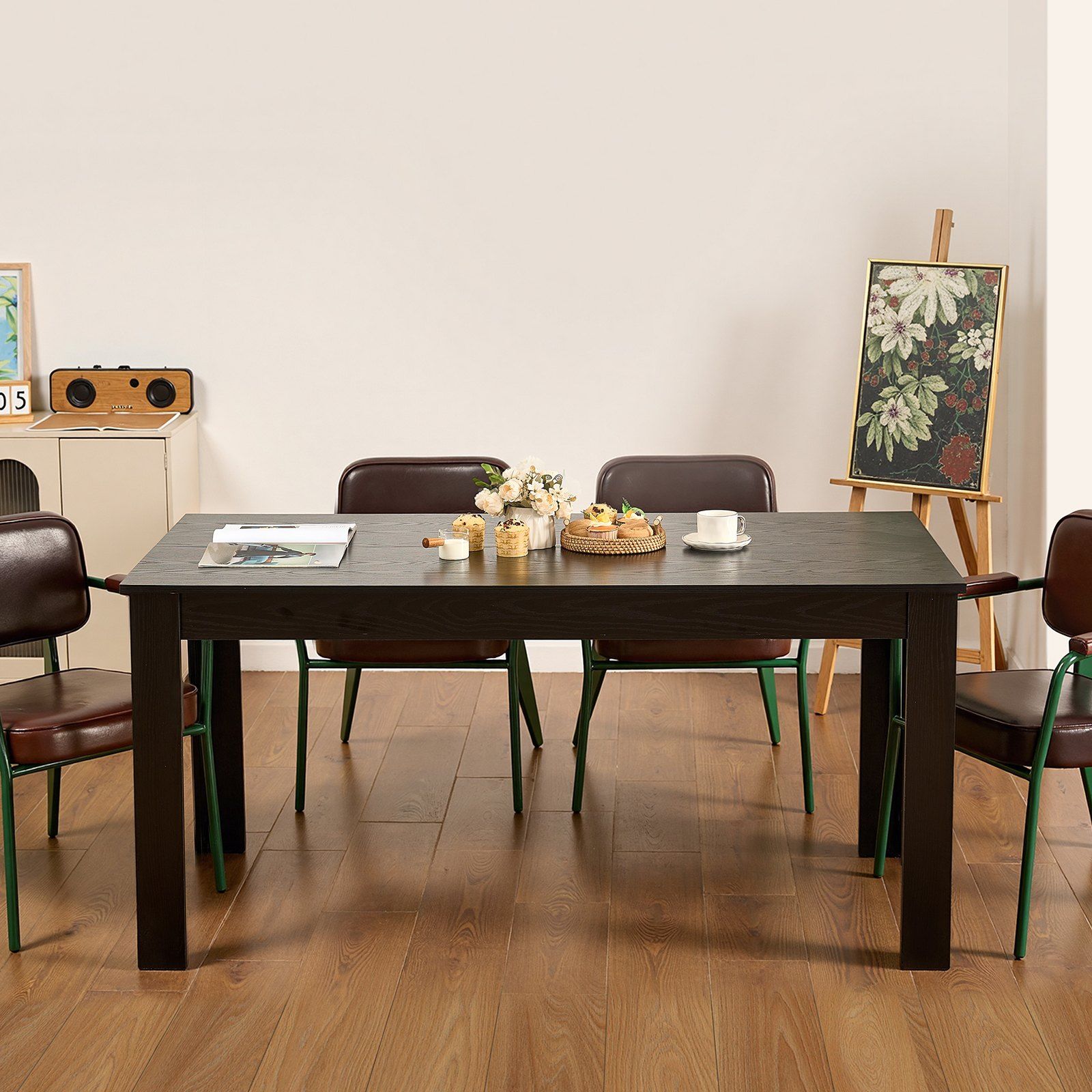 Rectangle Dining Table, 63 inch Length Large Wood Tables for 4-6 Person, Modern Dinner Furniture, Conference Desk Supporting for 330LBS, for Home Kitchen Living Room, Black(Only Table)