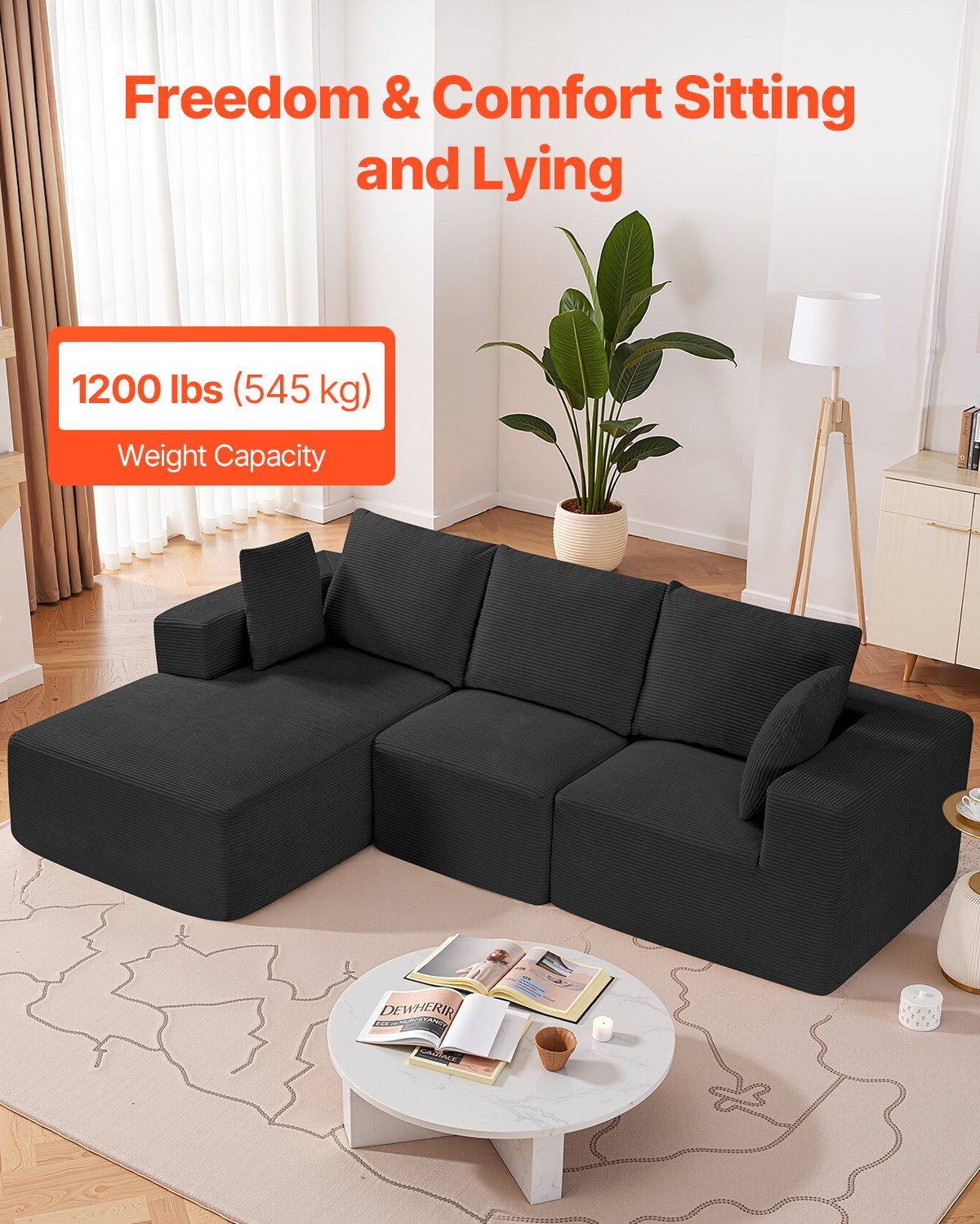 Modular Sectional Sofa, L Shaped Modular Sofa with Chaise, Cloud Sectional Couch with High Rebound Sponge and Density, Upholstered Corduroy Couch with Cushion for Living Room, Bedroom, Black