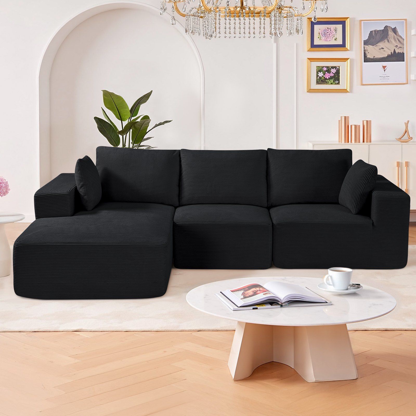 Modular Sectional Sofa, L Shaped Modular Sofa with Chaise, Cloud Sectional Couch with High Rebound Sponge and Density, Upholstered Corduroy Couch with Cushion for Living Room, Bedroom, Black
