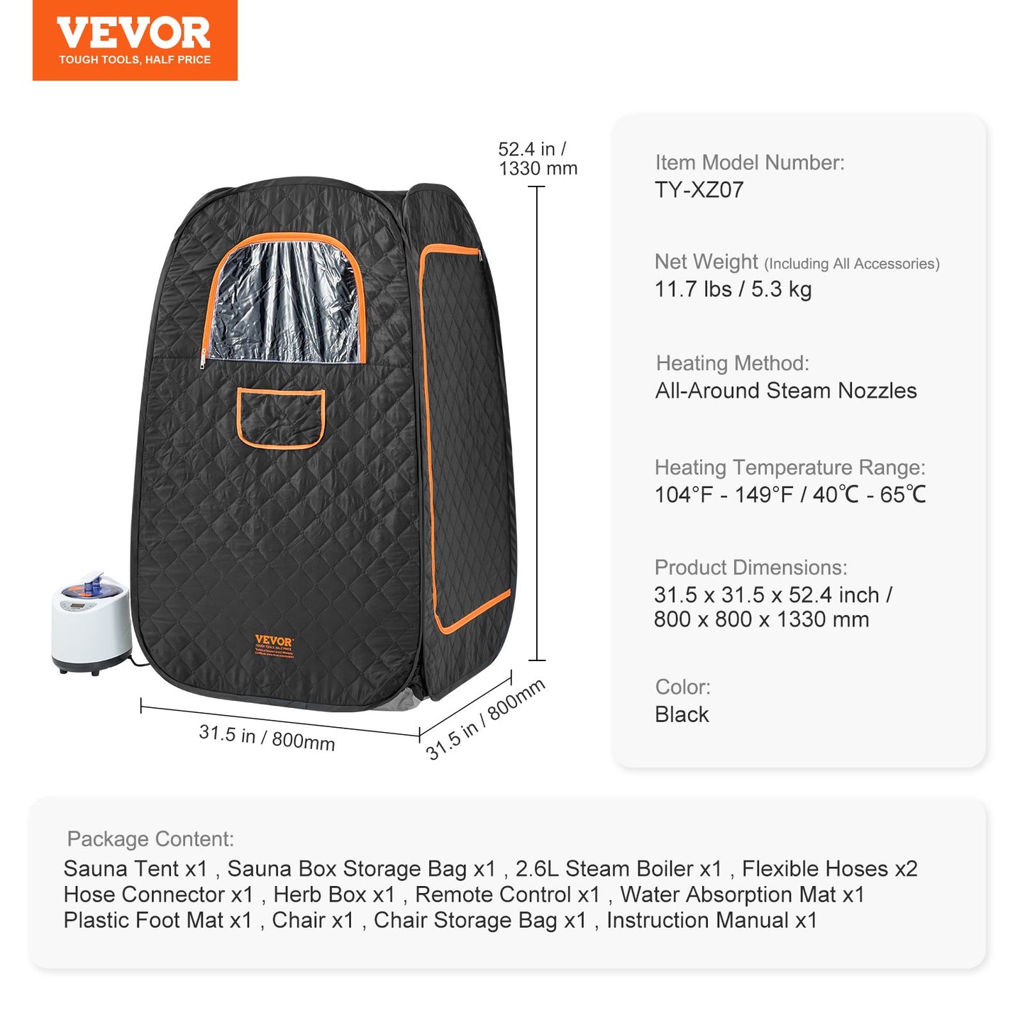 1000W Personal Steam Sauna Tent Loss Weight Detox Therapy Spa Compact, 800 x 800 x 1330 mm