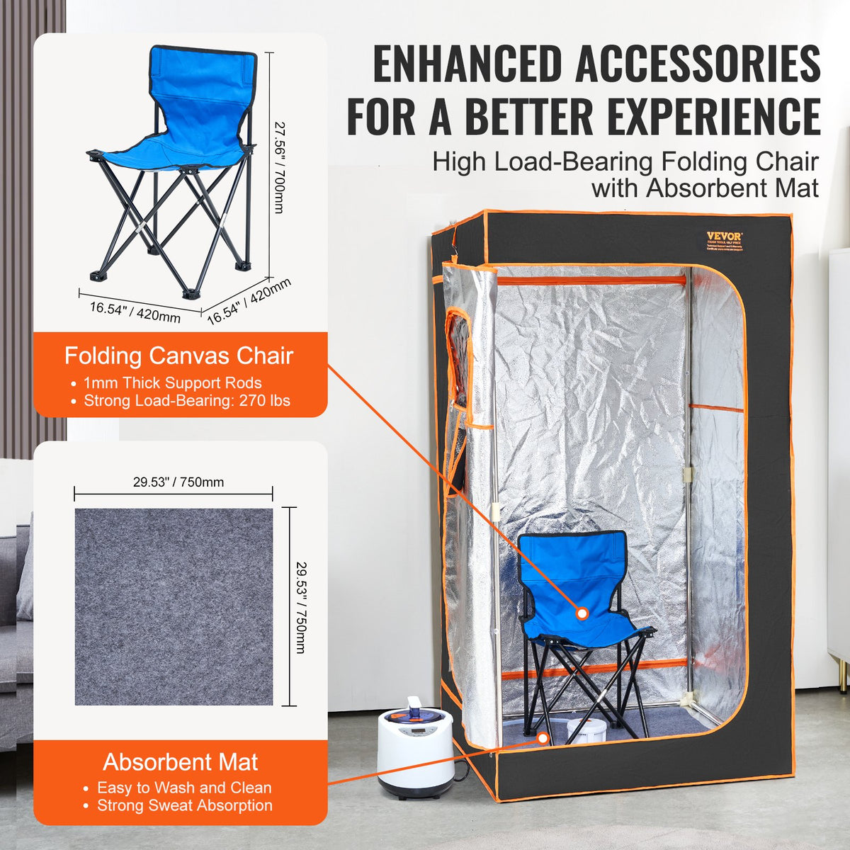 Portable Steam Sauna Tent Full Size 1000W Personal Sauna Blanket W/ Chair, 880 x 880 x 1600 mm