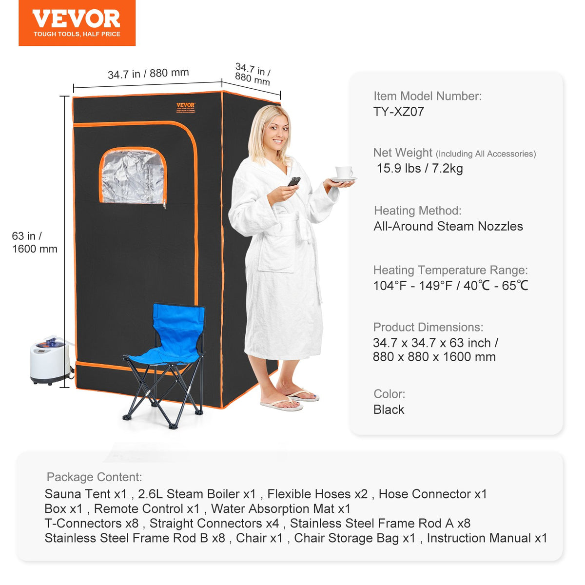 Portable Steam Sauna Tent Full Size 1000W Personal Sauna Blanket W/ Chair, 880 x 880 x 1600 mm