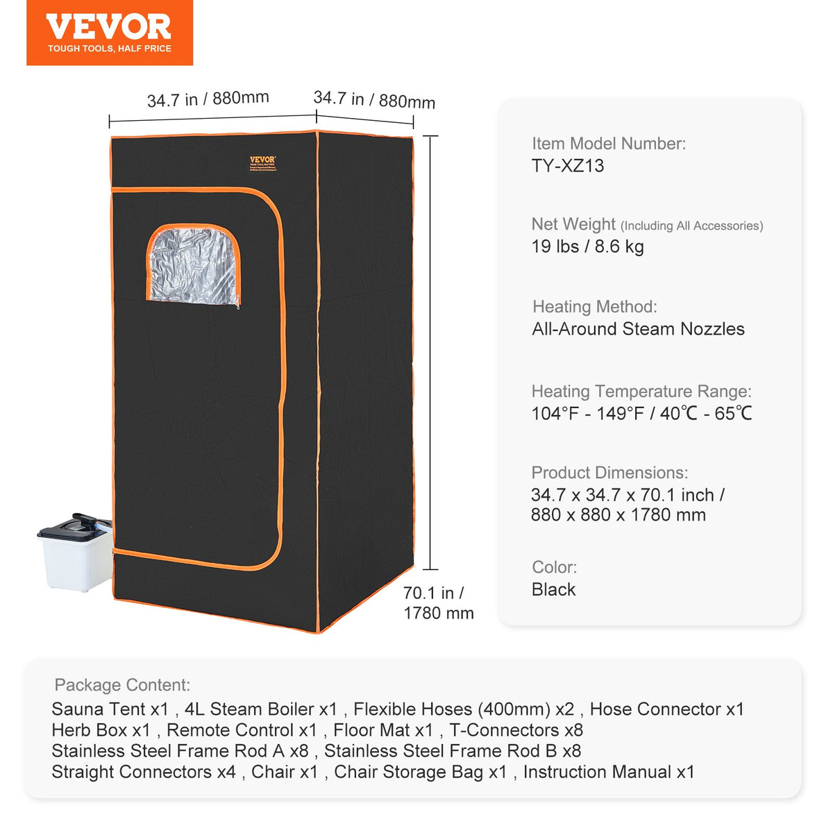 Portable Steam Sauna Tent Full Size 2000W Personal Sauna Blanket W/ Chair,880 x 880 x 1780 mm