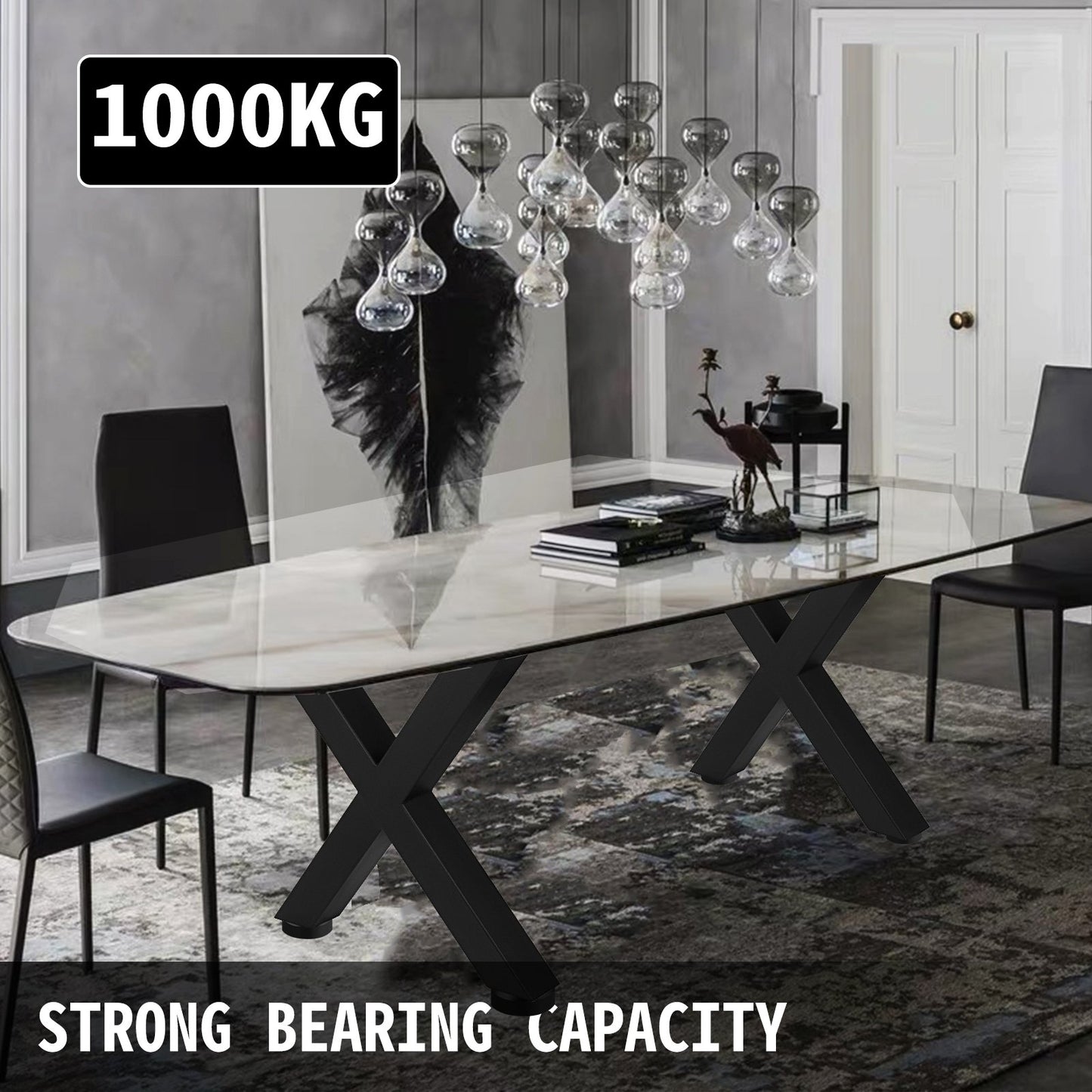 Set of 2 Steel Table Legs, 16'Height 15'Wide Dining Table Legs, Heavy Duty 3.1" Square Box Section X Frame Table Legs, 16x15x3.1 Inch Black Color Industrial Country Style Metal Dining Legs