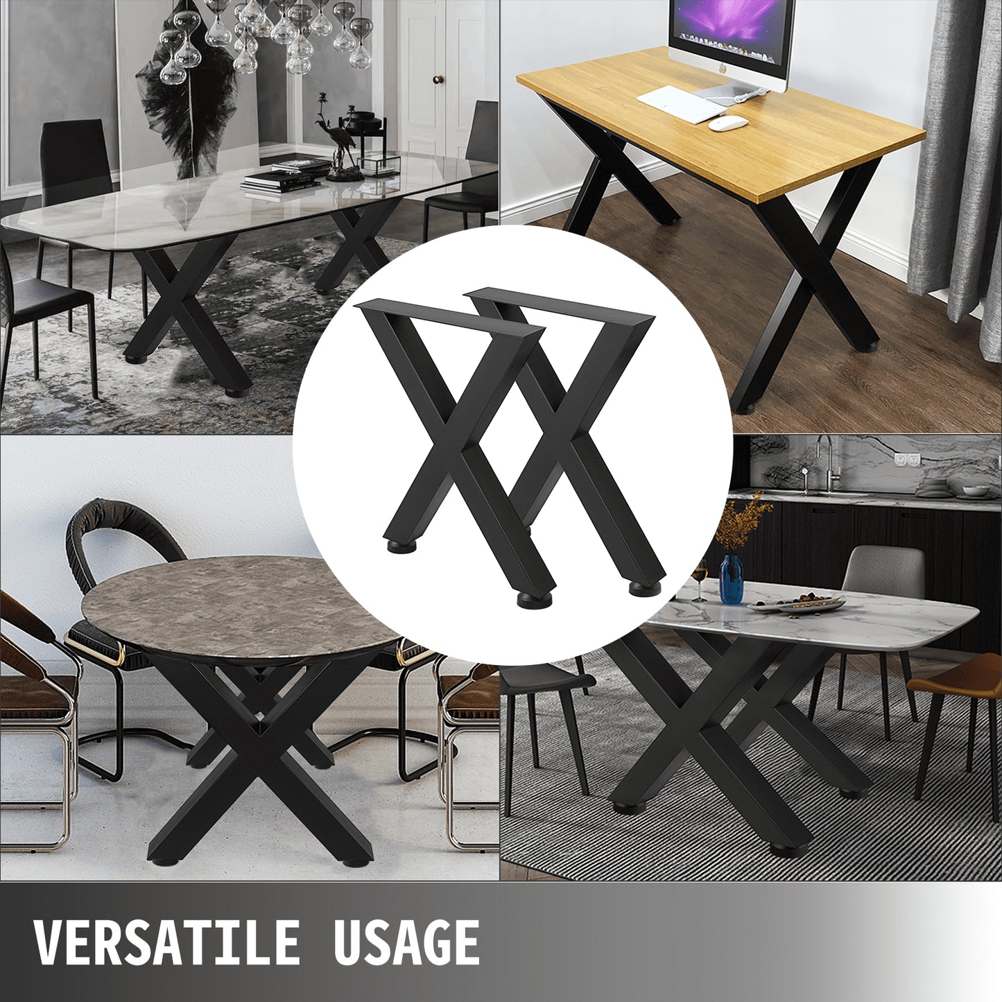 Set of 2 Steel Table Legs, 16'Height 15'Wide Dining Table Legs, Heavy Duty 3.1" Square Box Section X Frame Table Legs, 16x15x3.1 Inch Black Color Industrial Country Style Metal Dining Legs