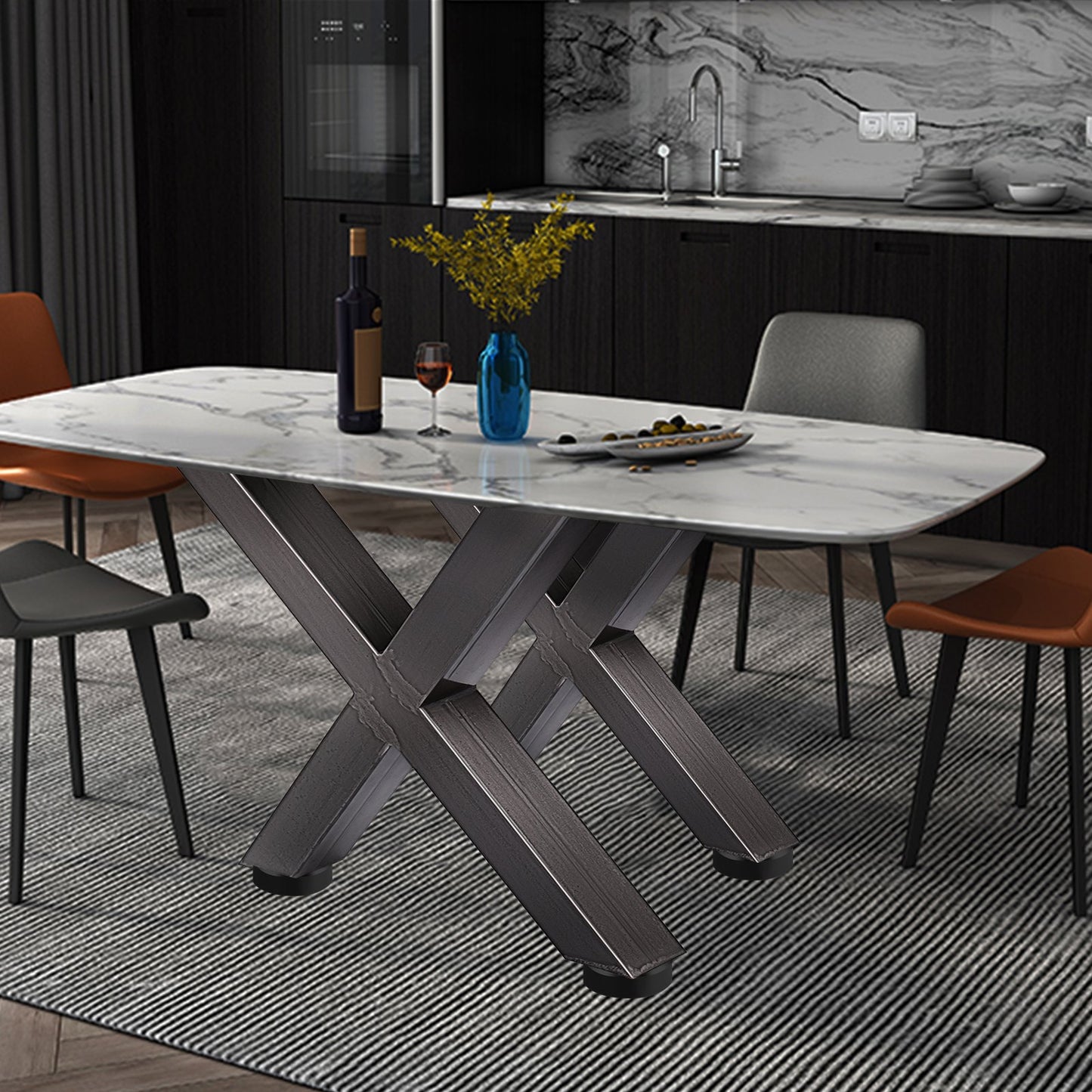 Set of 2 Steel Table Legs, 28'Height 24'Wide Dining Table Legs, Heavy Duty 3.1" Square Box Section X Frame Table Legs, 28x24x3.1 Inch Original Color Industrial Country Style Metal Dining Legs