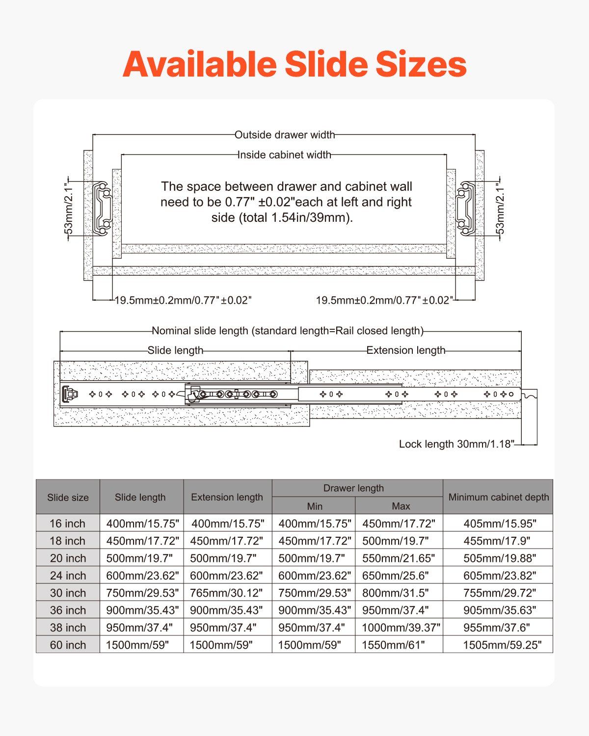 1 Pair Full Extension Drawer Slides 16 18 20 24 30 35 38 59 32 36 40 48 60 in, 250 lbs Load Capacity Locking Drawer Slides, Ball Bearing with Lock Side Mount Drawer Slide Rail
