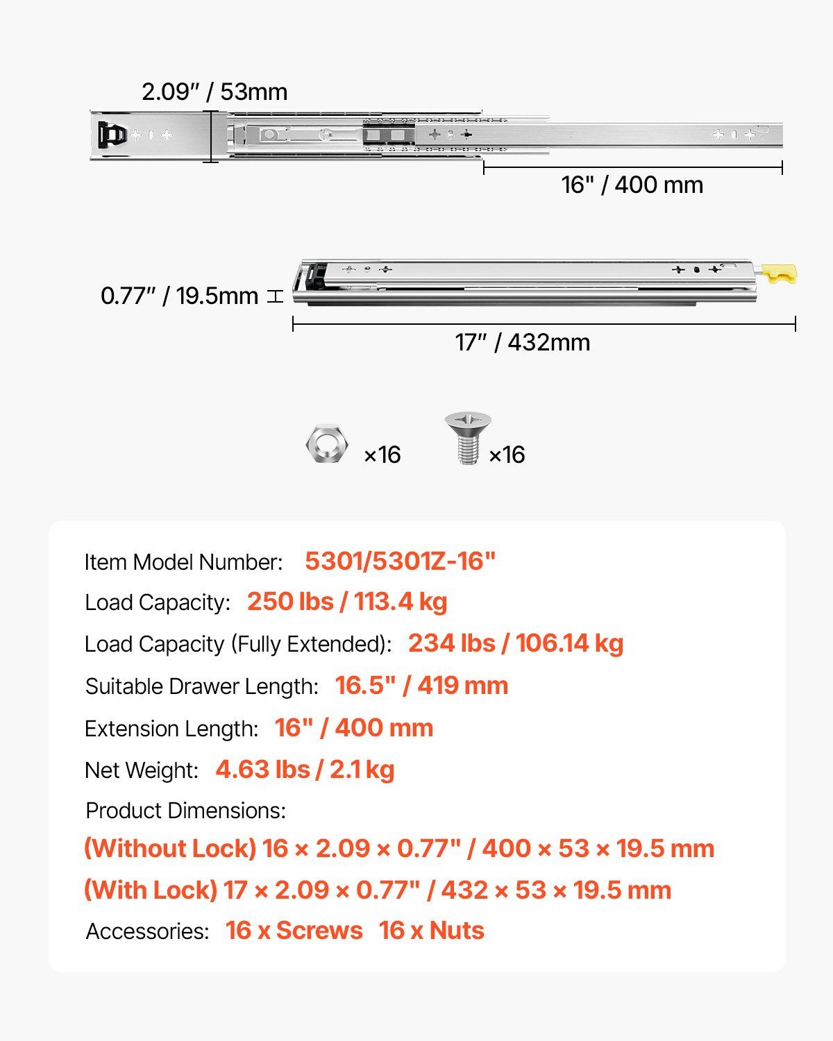 1 Pair Full Extension Drawer Slides 16 18 20 24 30 35 38 59 32 36 40 48 60 in, 250 lbs Load Capacity Locking Drawer Slides, Ball Bearing with Lock Side Mount Drawer Slide Rail