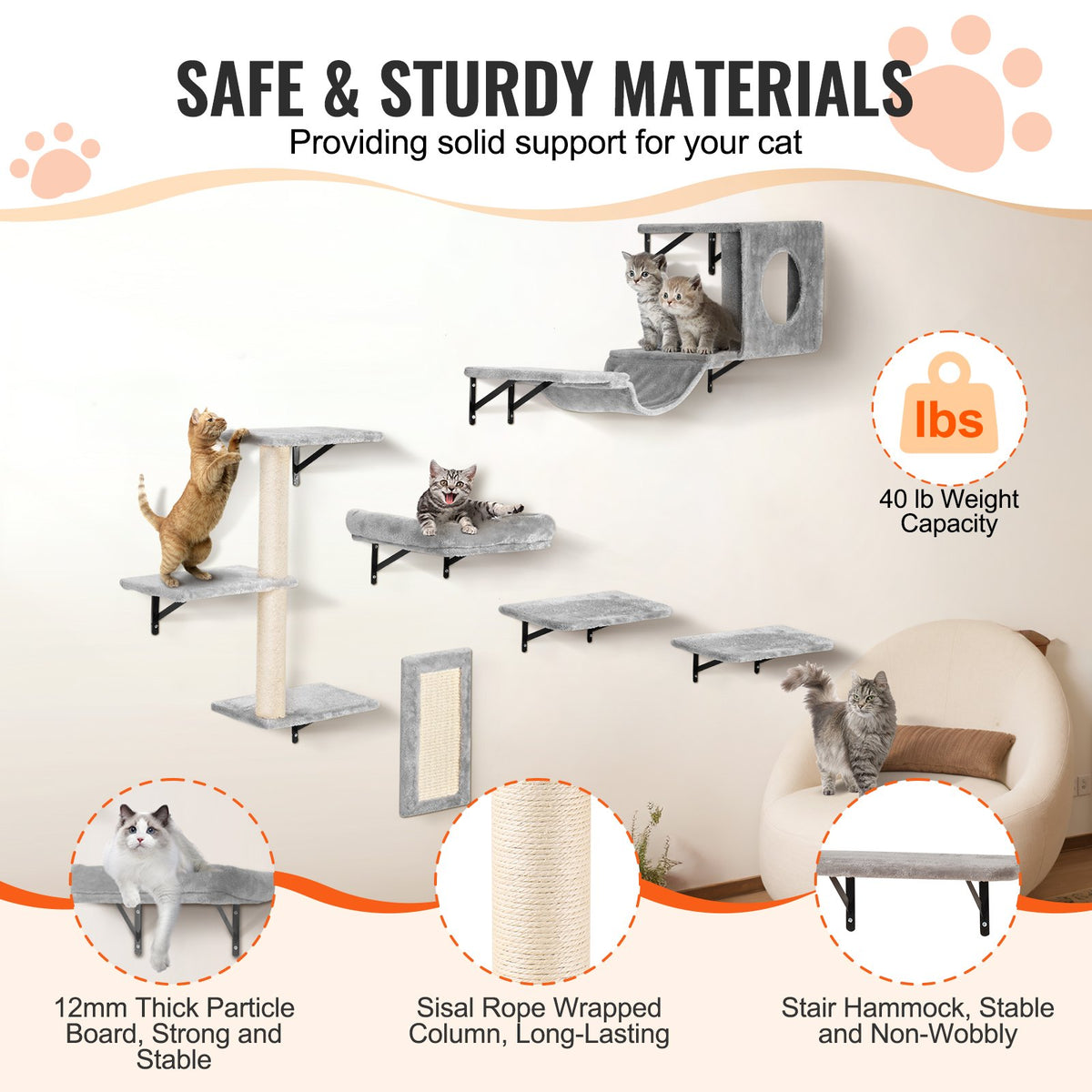 Wall Mounted Cat Shelves, Cat Wall Shelves and Perches with Jumping Boards, Hammock, Sofa, Cat Tree & Cat Grip, Cat Furniture and Shelves up to 40 lbs for Sleeping, Playing, Climbing, Set of 6