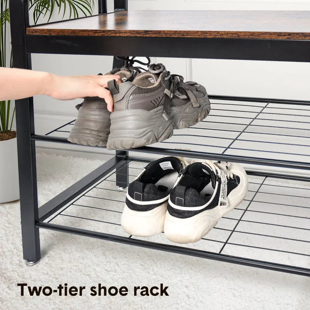 4-In-1 Coat Rack Large Capacity Freestanding Hall Tree 183 High Entryway Bench with 8 Detachable Hooks Hanging Rod and 2-Tier Shoe Storage Rustic Brown