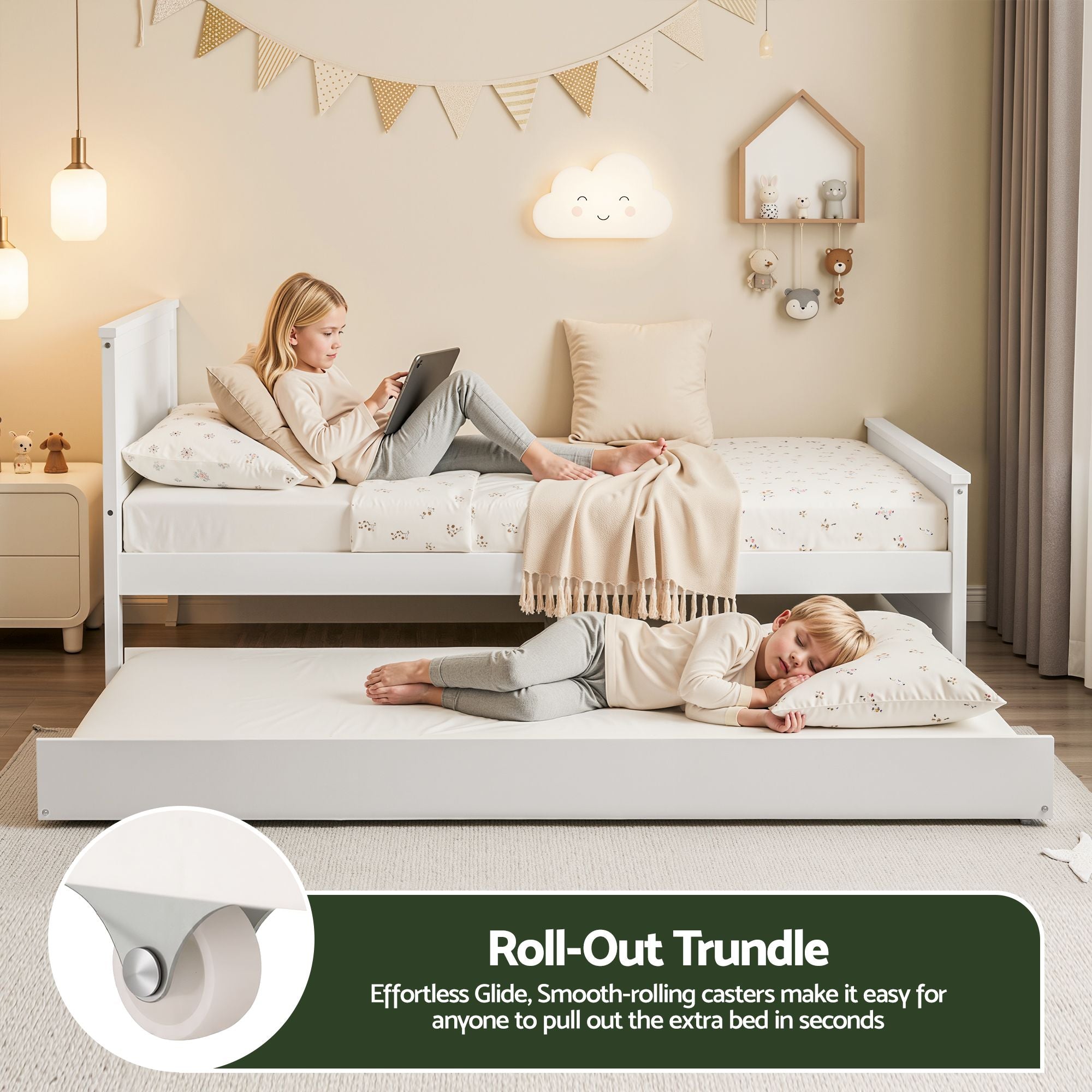 Artiss Single Bed Frame with Trundle Solid Wood Toddler Bunk Bed with Headboard White