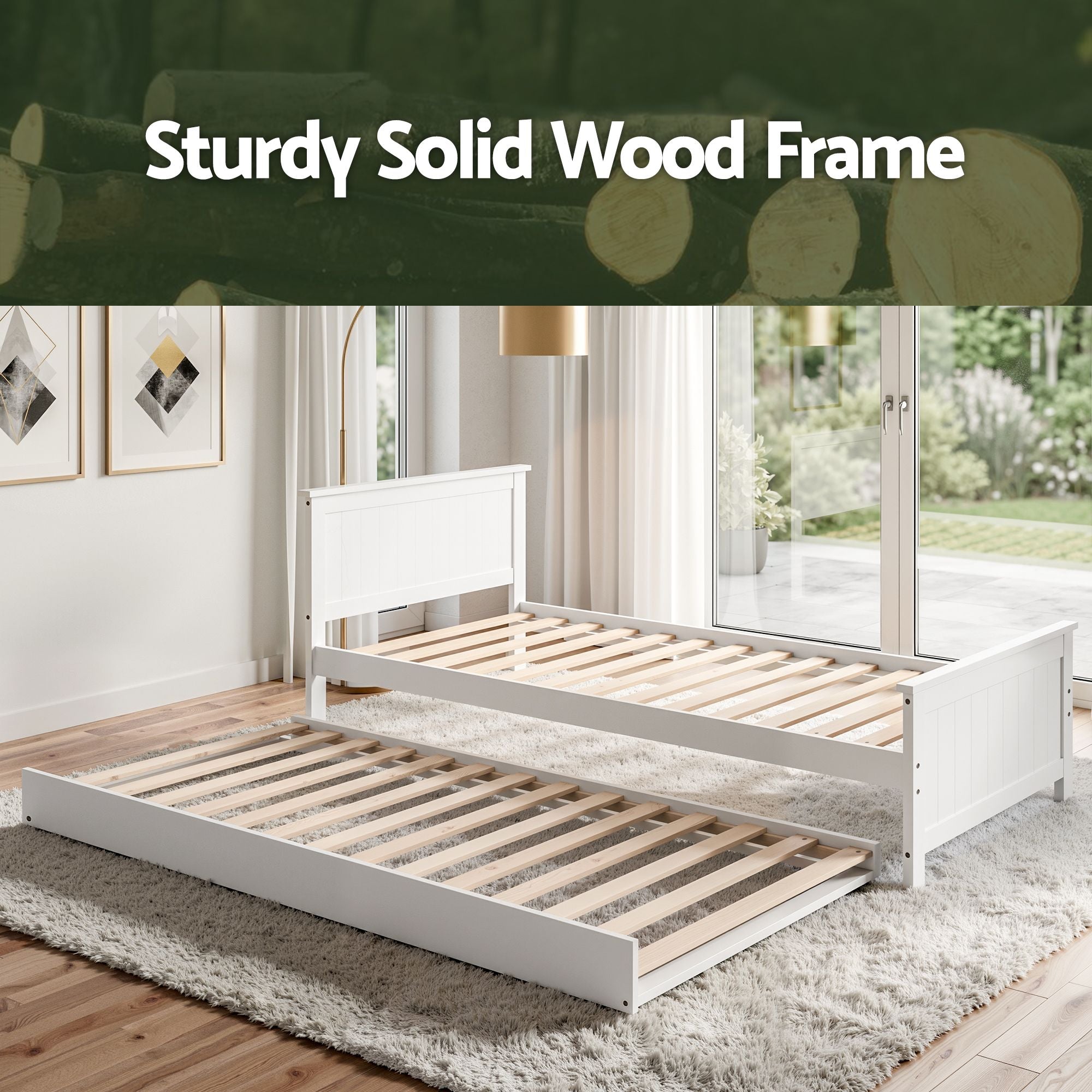 Artiss Single Bed Frame with Trundle Solid Wood Toddler Bunk Bed with Headboard White