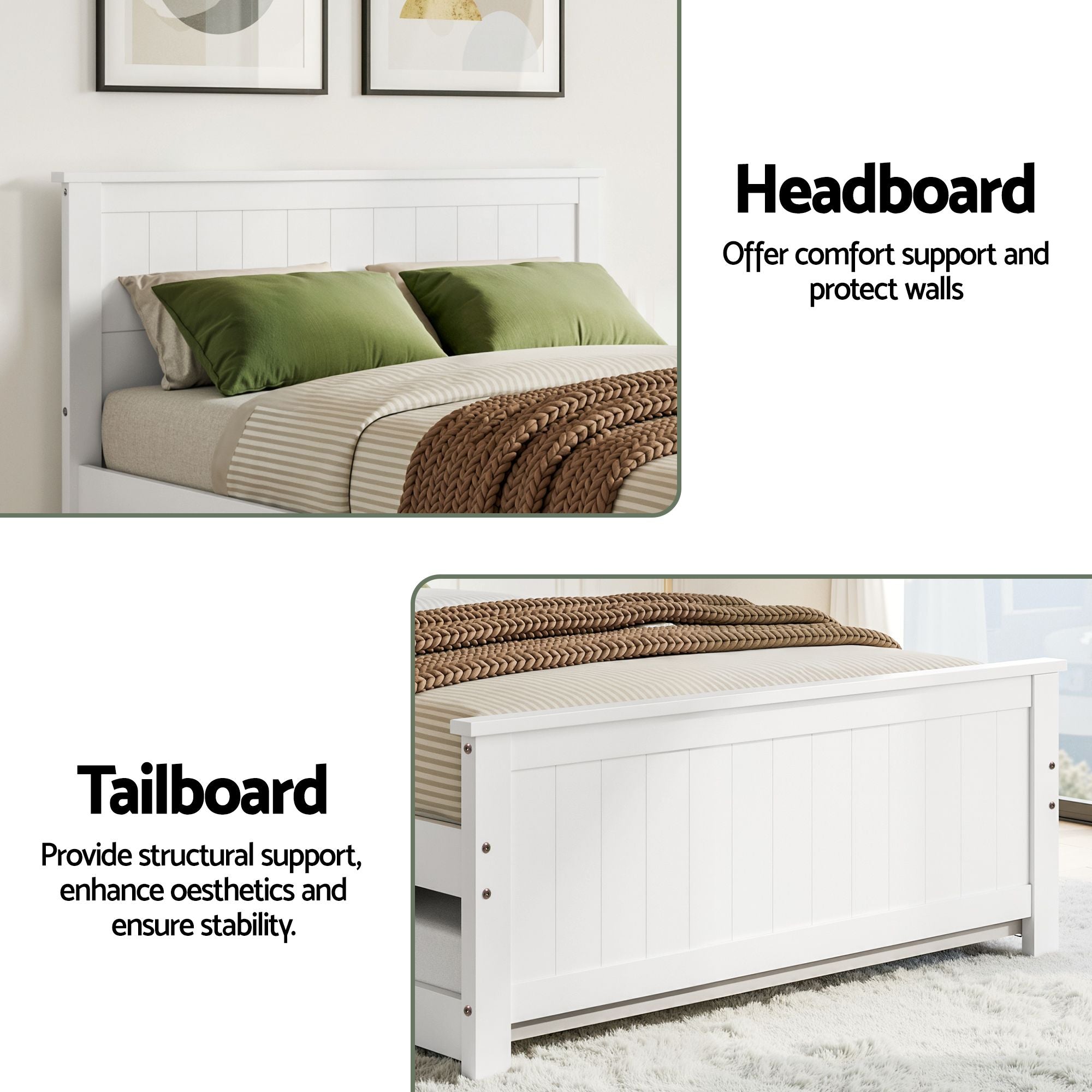 Artiss Single Bed Frame with Trundle Solid Wood Toddler Bunk Bed with Headboard White