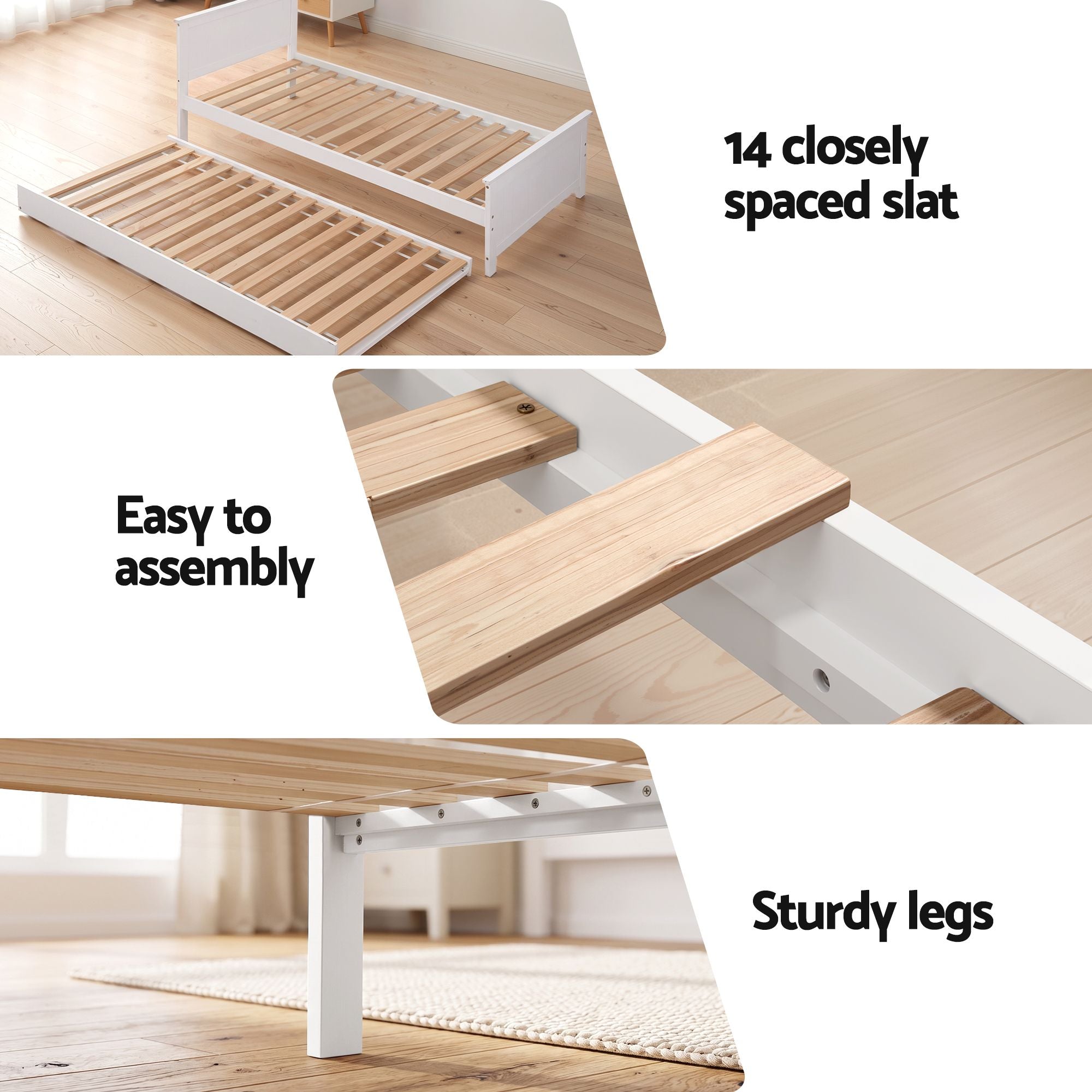 Artiss Single Bed Frame with Trundle Solid Wood Toddler Bunk Bed with Headboard White