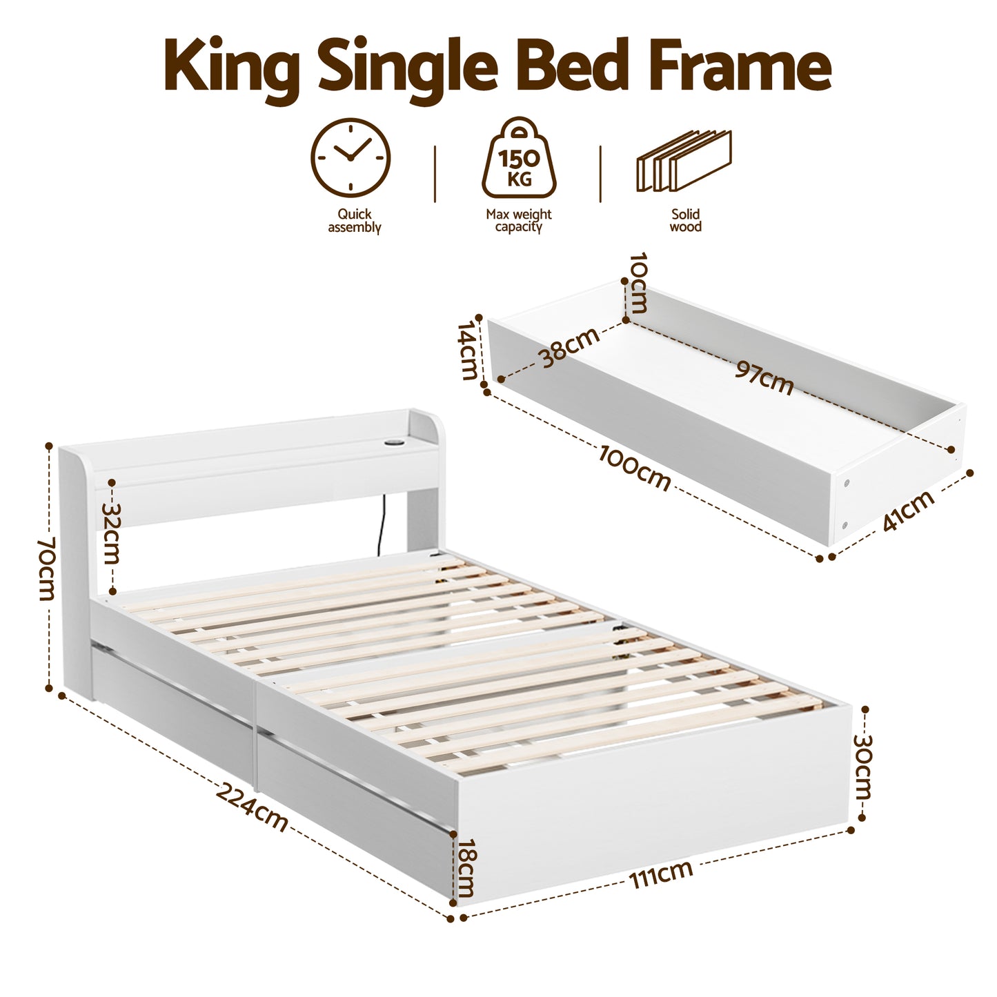 Artiss Bed Frame King Single Size with Charging Ports and 2 Drawers AURA