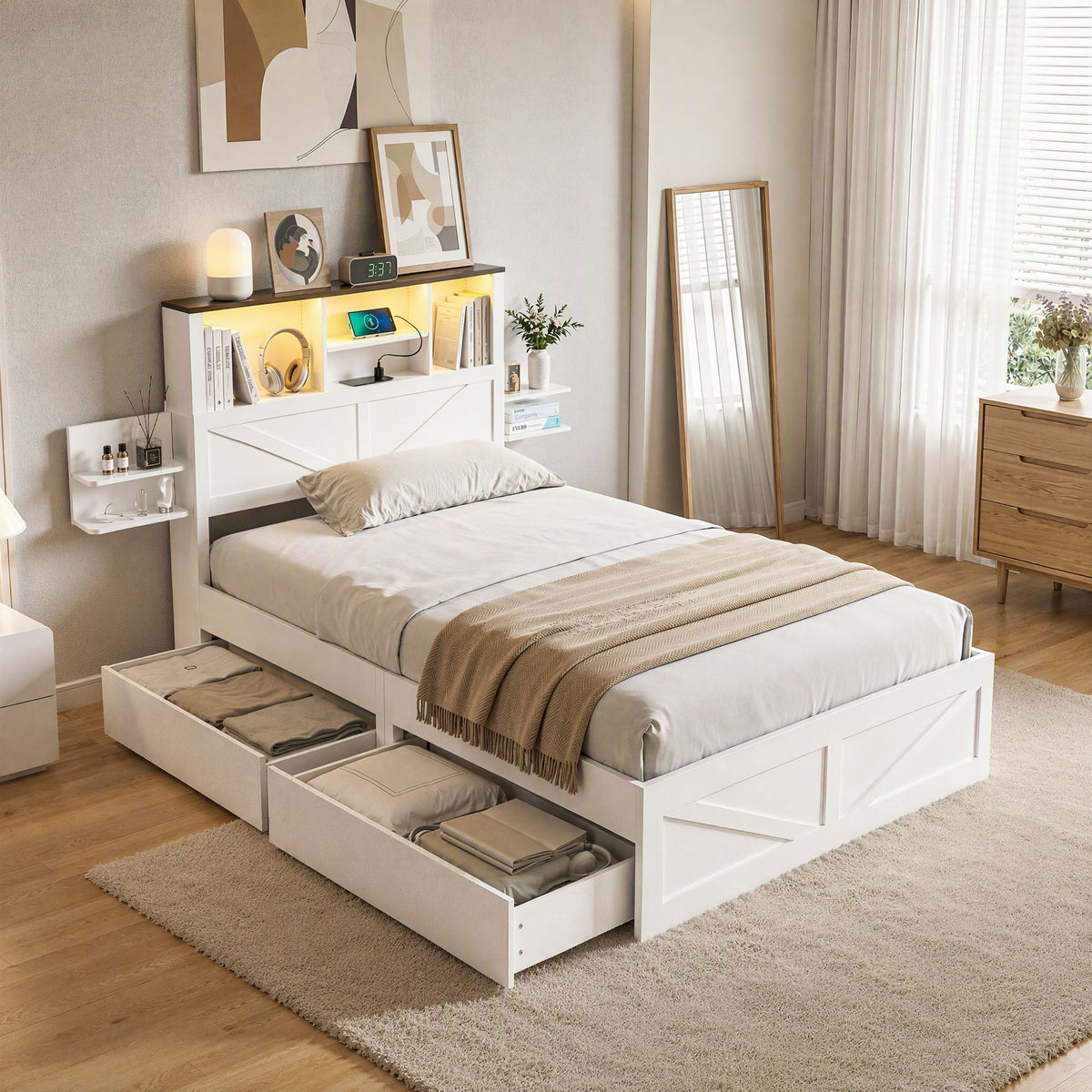 Artiss Single Bed Frame with Storage Drawers White Platform