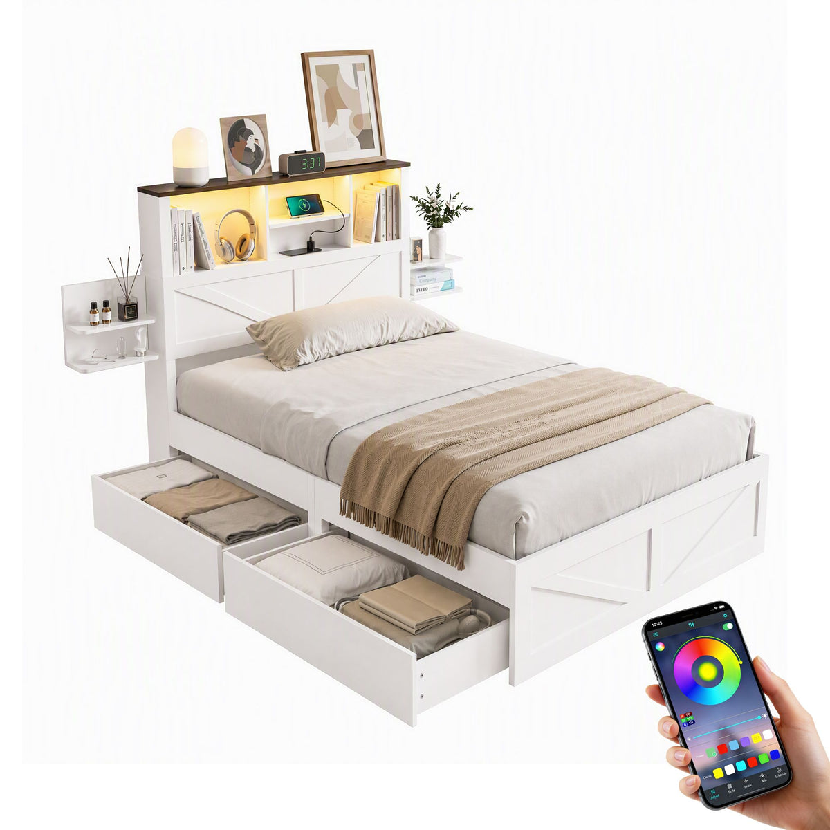 Artiss Single Bed Frame with Storage Drawers White Platform