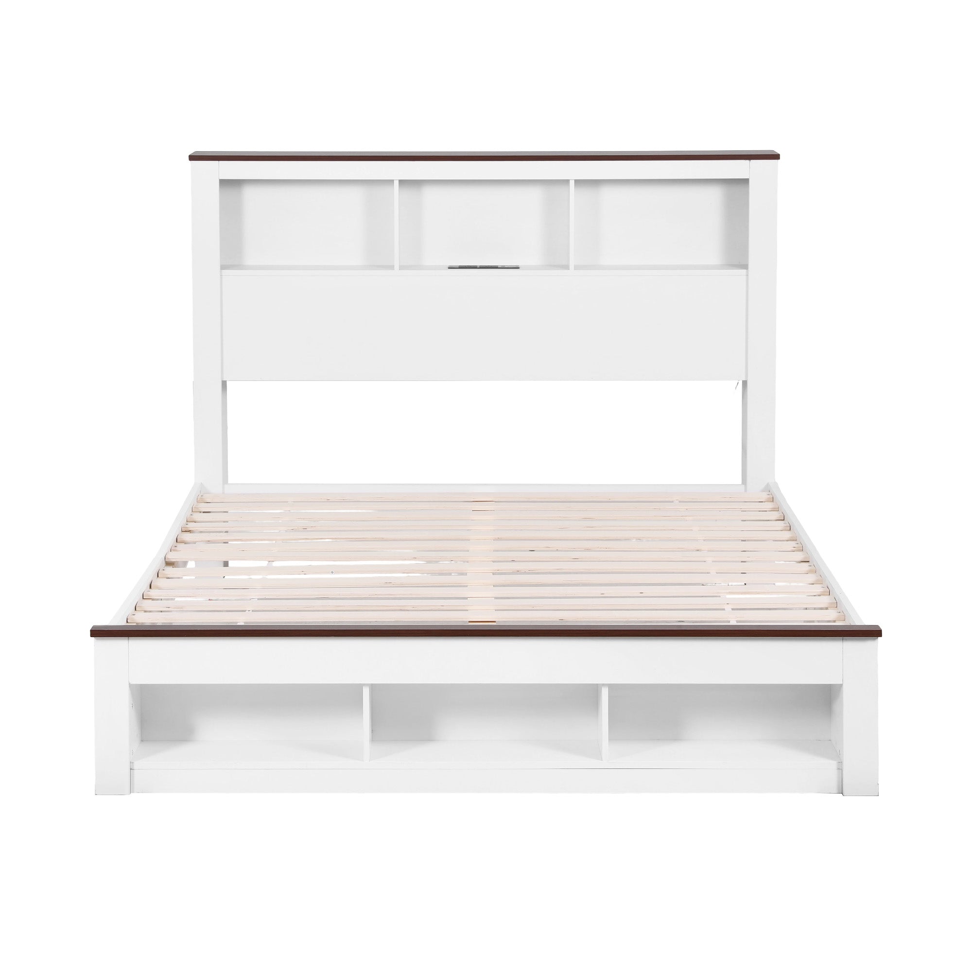 Artiss Queen Bed Frame with Storage Bookcase Headboard and Footboard White Wooden Platform Bed with Charging Station and Led Light Bedroom Furniture