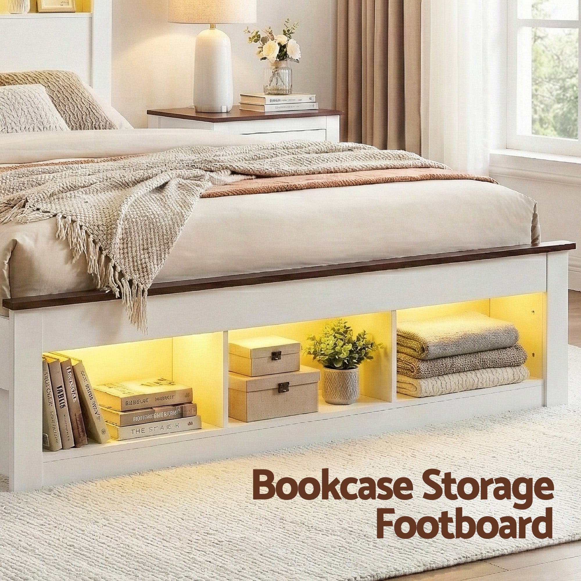 Artiss Queen Bed Frame with Storage Bookcase Headboard and Footboard White Wooden Platform Bed with Charging Station and Led Light Bedroom Furniture