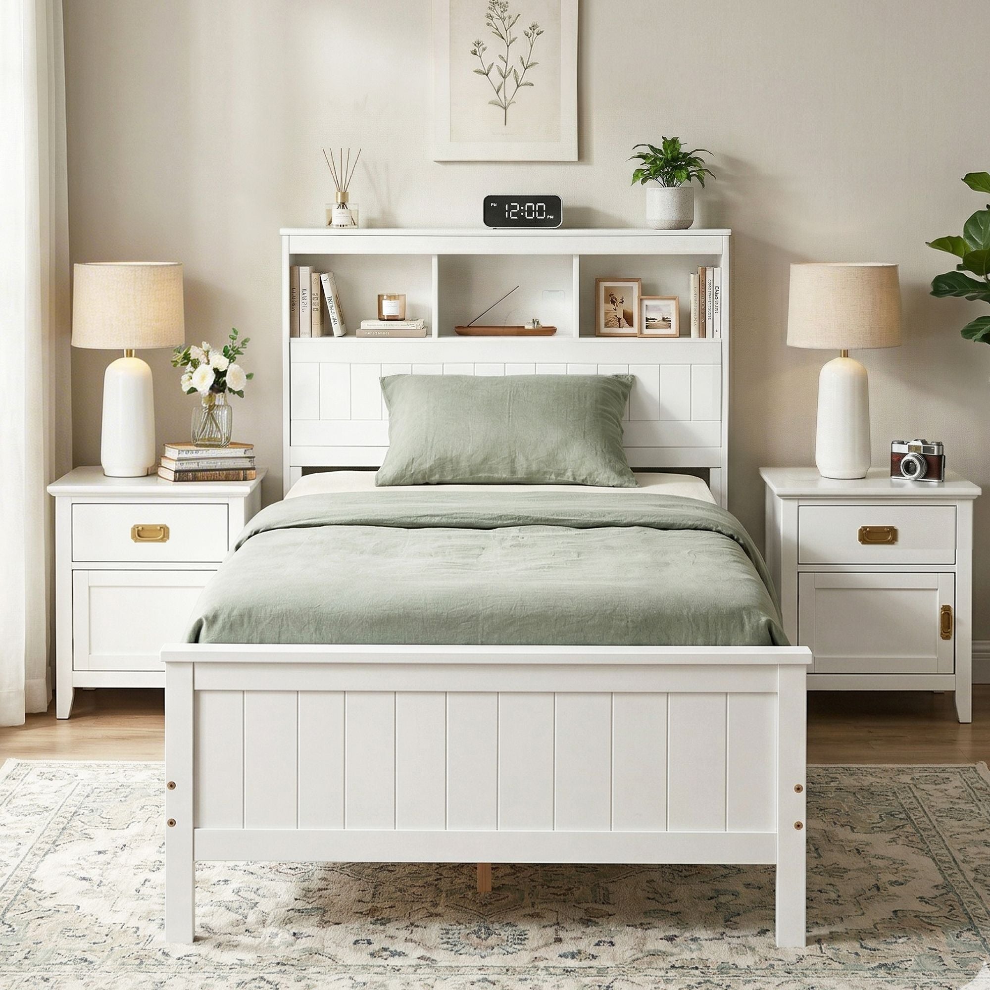 Artiss Single Bed Frame with Storage Headboard and Footboard Wooden Bed Base White