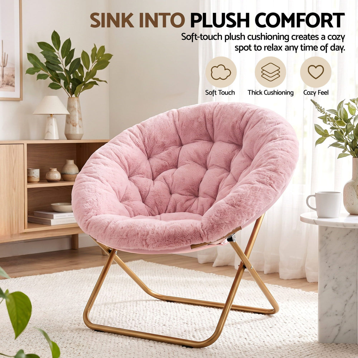 Artiss Cozy Saucer Chair Soft Faux Fur Folding Accent Chair for Bedroom Pink