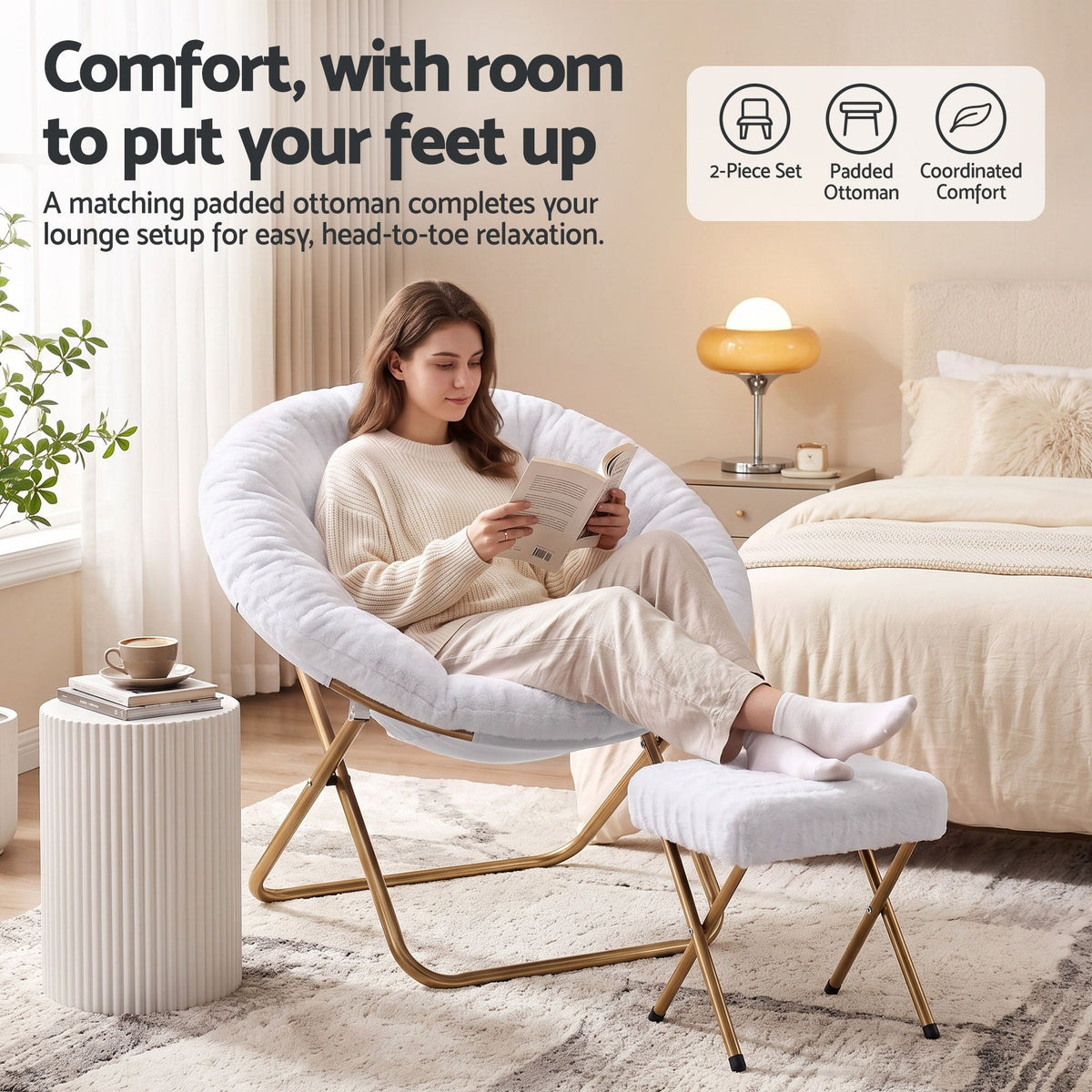 Artiss Comfy Saucer Chair Soft Faux Fur Foldable Accent, White