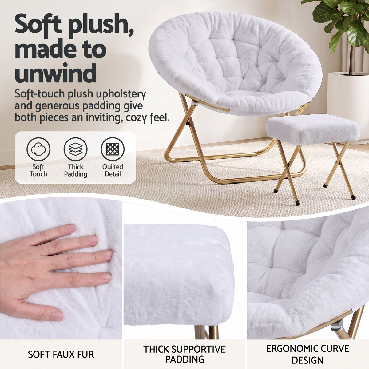 Artiss Comfy Saucer Chair Soft Faux Fur Foldable Accent, White