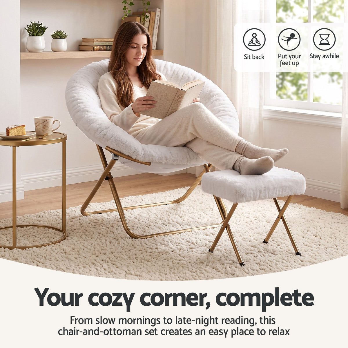 Artiss Comfy Saucer Chair Soft Faux Fur Foldable Accent, White