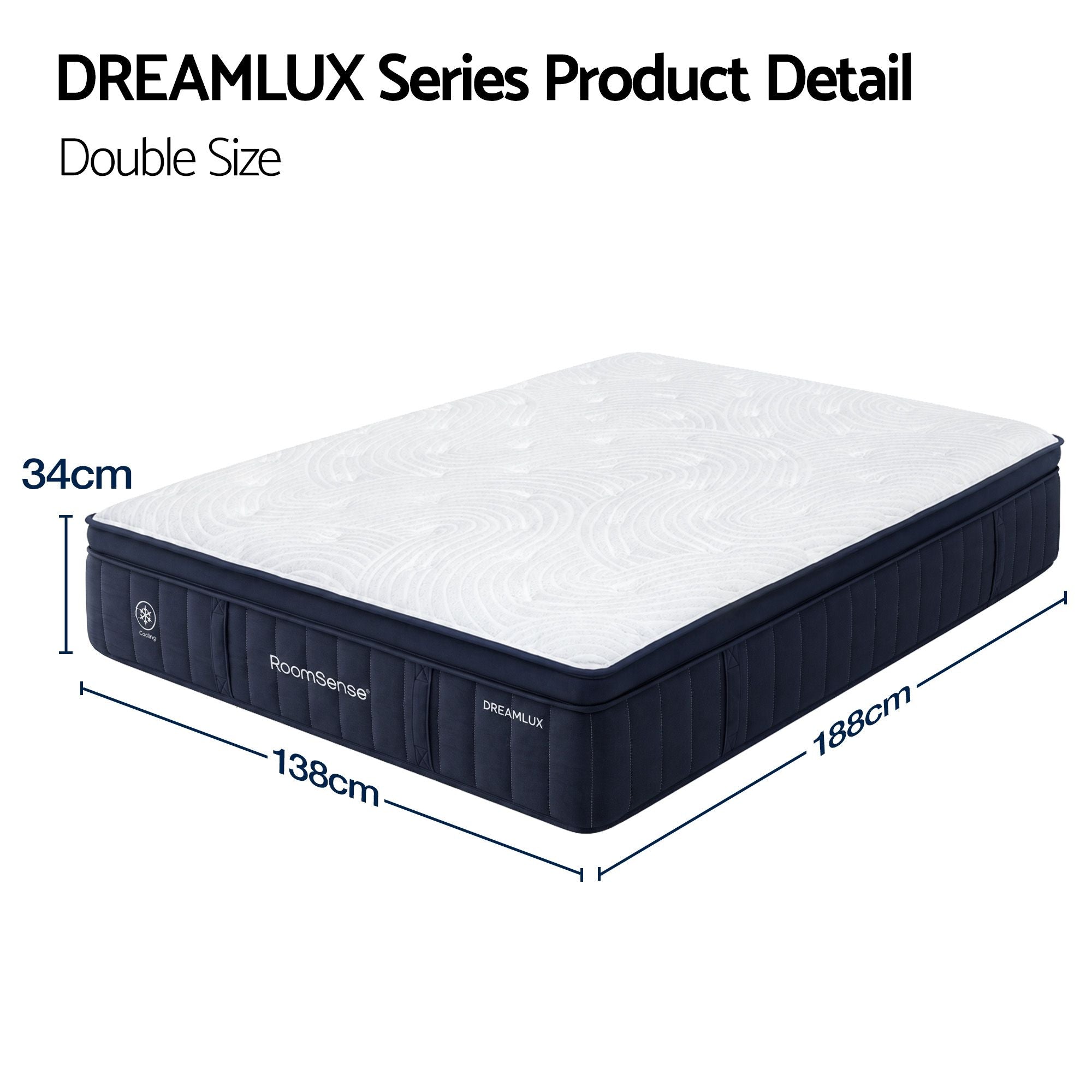RoomSense Double Mattress, 34cm Thick Medium Soft Hybrid Mattress for Back Pain Relief, Tencel Cooling Pocket Spring Mattress Double Size in a Box