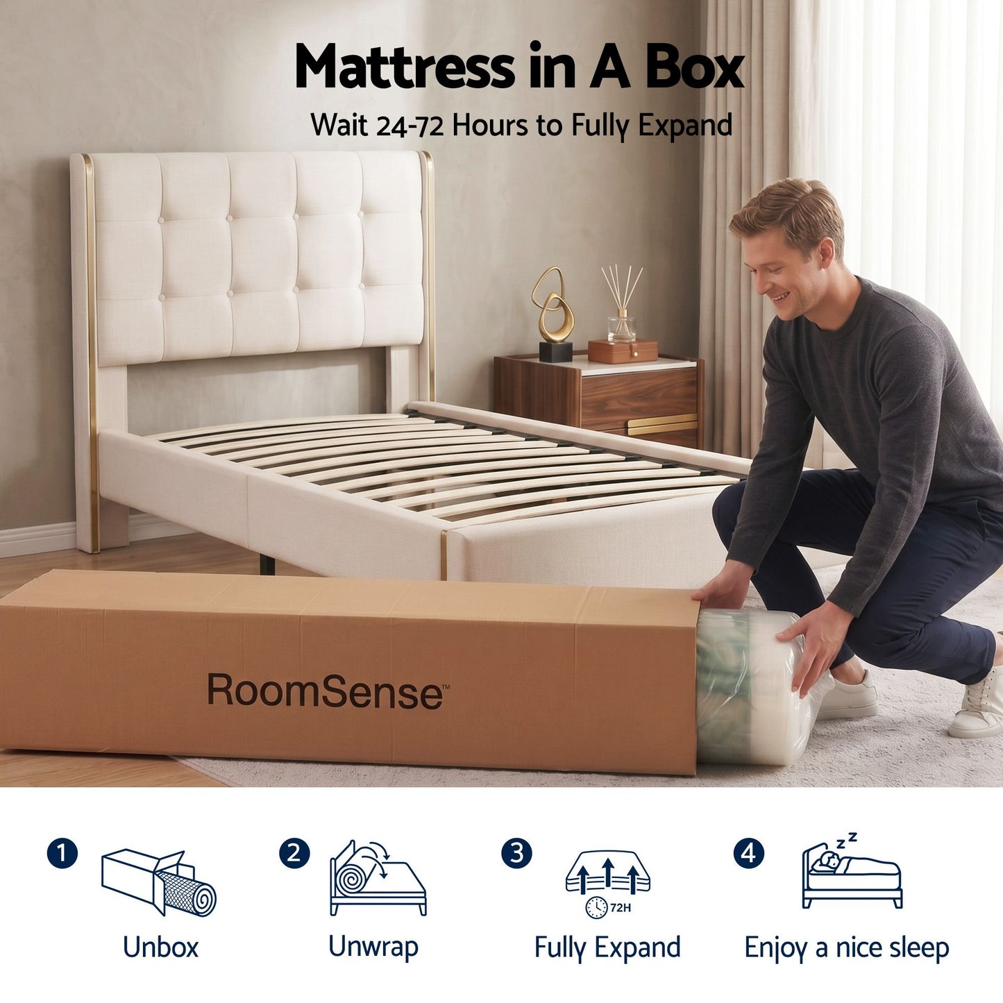 RoomSense Double Mattress, 34cm Thick Medium Soft Hybrid Mattress for Back Pain Relief, Tencel Cooling Pocket Spring Mattress Double Size in a Box